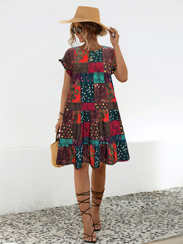 Ladies new loose gathered printed A-line dress