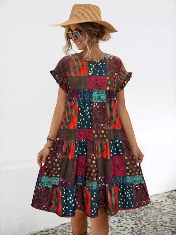 Ladies new loose gathered printed A-line dress