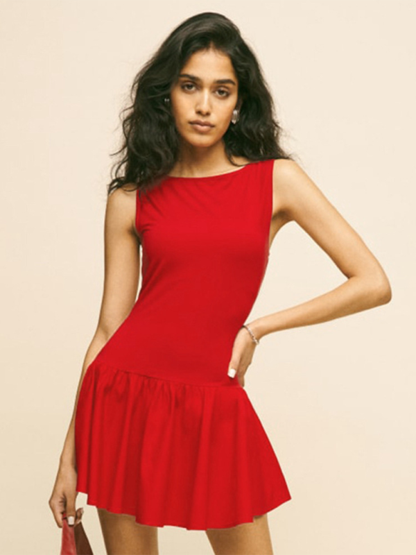 Neues, einfarbiges, ärmelloses Kleid für Damen