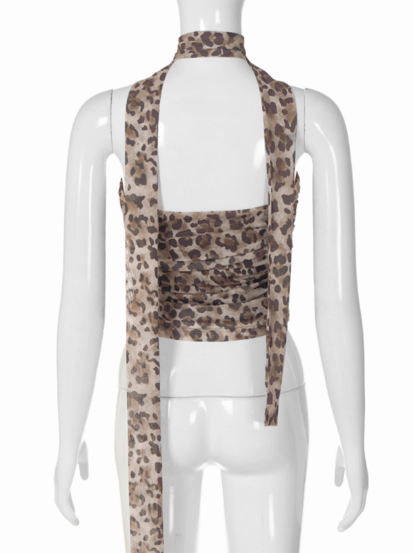 Neu Leopard Print Hot Girl Reine Gerade Neck Tube Top Slim Fit Weste 