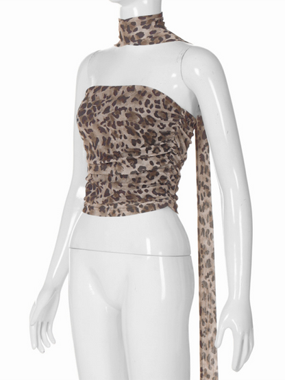 Neu Leopard Print Hot Girl Reine Gerade Neck Tube Top Slim Fit Weste 