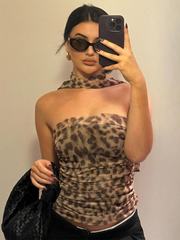 Neu Leopard Print Hot Girl Reine Gerade Neck Tube Top Slim Fit Weste 