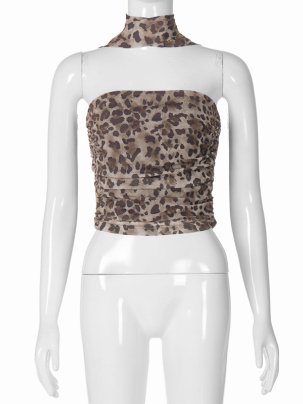 Neu Leopard Print Hot Girl Reine Gerade Neck Tube Top Slim Fit Weste 