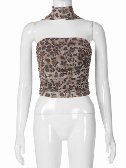 Neu Leopard Print Hot Girl Reine Gerade Neck Tube Top Slim Fit Weste 