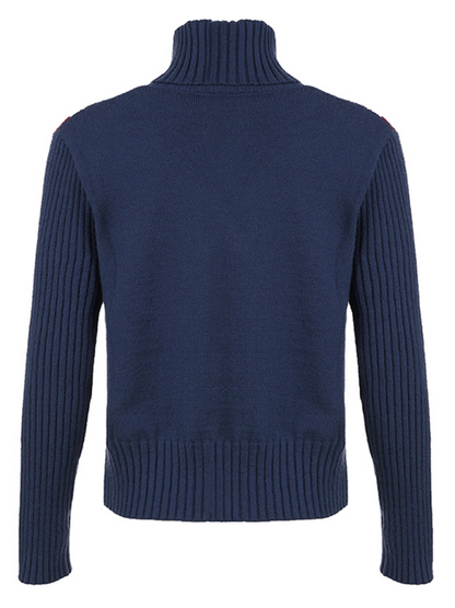 Damen Pullover mit hohem Kragen und Flaggenmotiv, lockere, langärmelige Oberbekleidung, Wolloberteil 