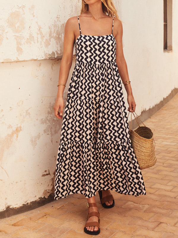 Elegant and simple printed suspender loose swing dress