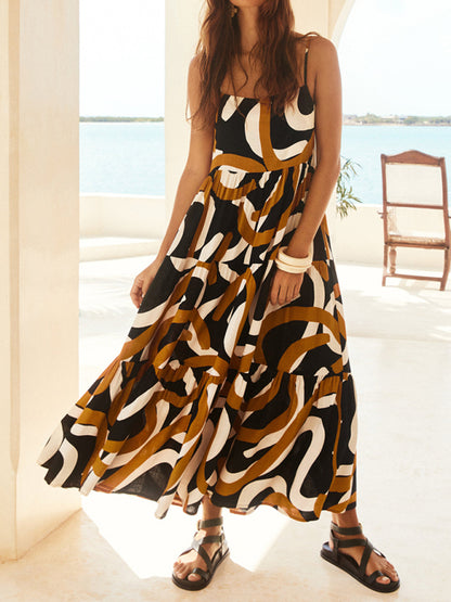 Elegant and simple printed suspender loose swing dress