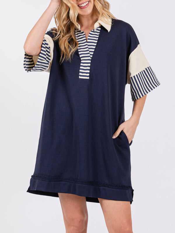 Cotton Striped Solid Color Polo Lapel Loose T-shirt Short Skirt