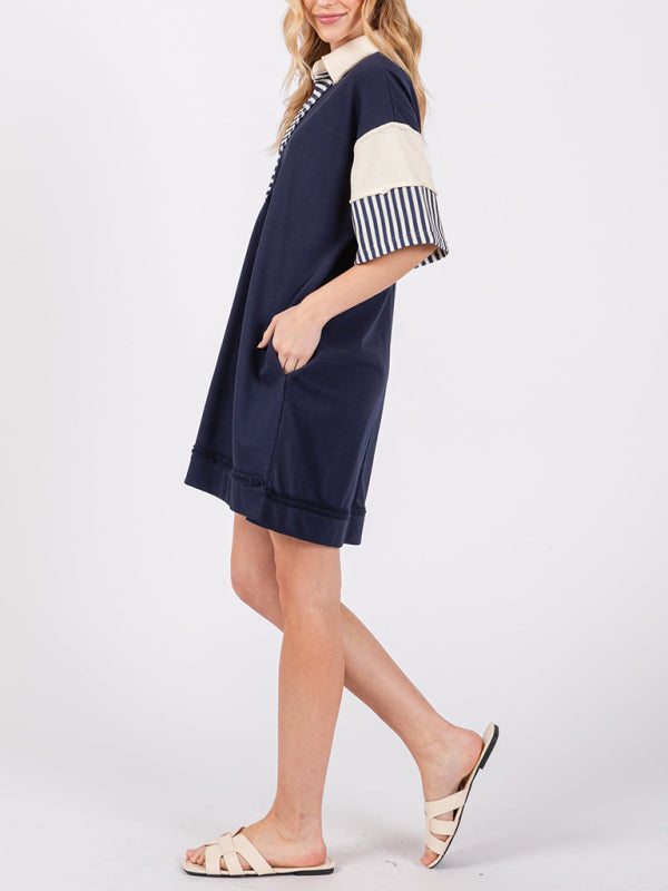 Cotton Striped Solid Color Polo Lapel Loose T-shirt Short Skirt