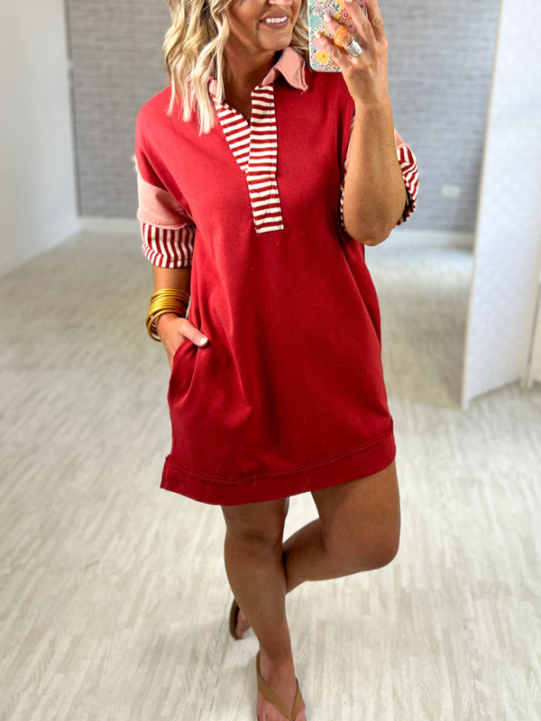 Cotton Striped Solid Color Polo Lapel Loose T-shirt Short Skirt