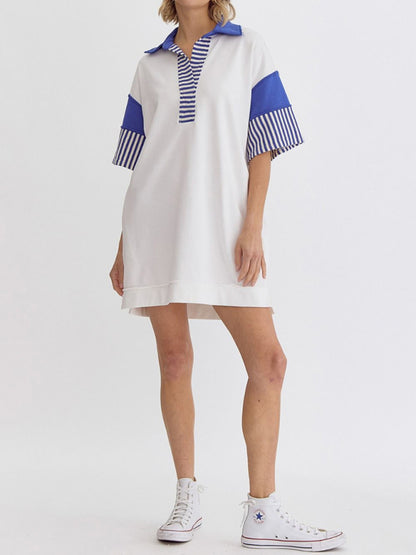 Cotton Striped Solid Color Polo Lapel Loose T-shirt Short Skirt