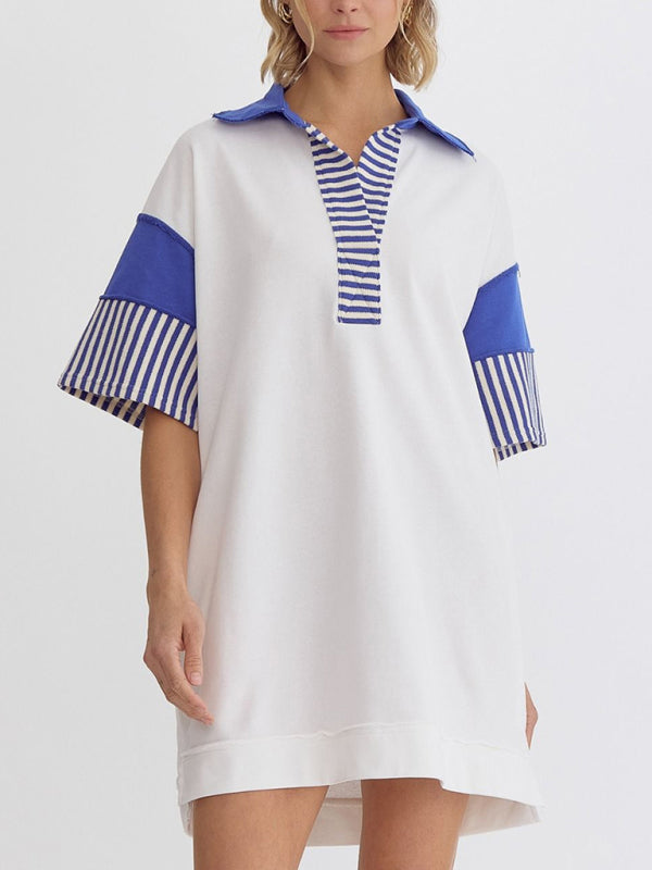 Cotton Striped Solid Color Polo Lapel Loose T-shirt Short Skirt