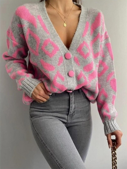 Jacquard V-neck long-sleeved single-breasted knitted sweater coat