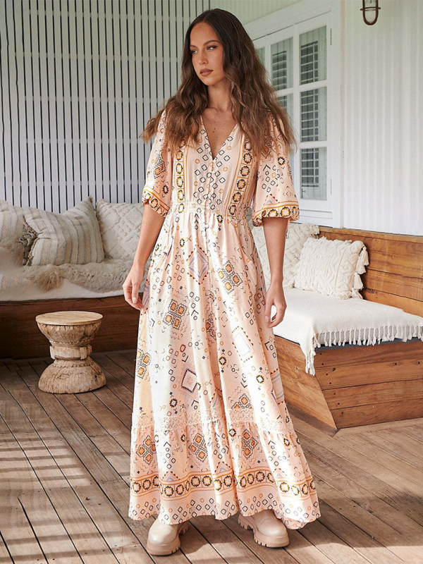 Bohemian Print Sexy V-Neck Button-Down Dress