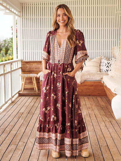 Sexy Button-Down-Kleid mit V-Ausschnitt und Bohemian-Print 