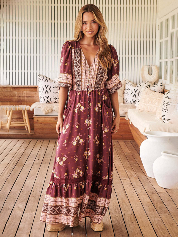 Sexy Button-Down-Kleid mit V-Ausschnitt und Bohemian-Print 