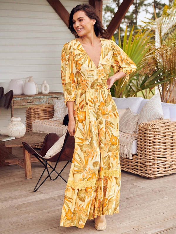 Sexy Button-Down-Kleid mit V-Ausschnitt und Bohemian-Print 