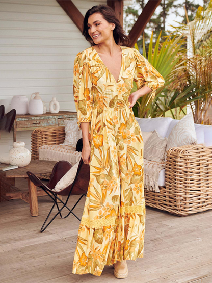 Sexy Button-Down-Kleid mit V-Ausschnitt und Bohemian-Print 