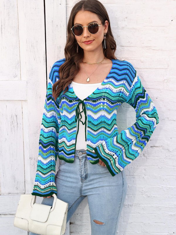 Rainbow Wave Woven Cardigan Sweater with Monochrome Stripes