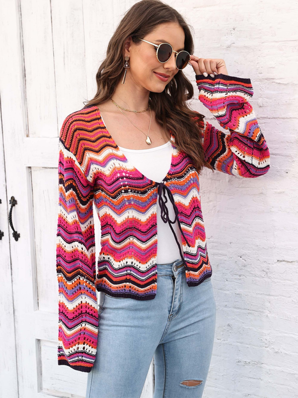 Rainbow Wave Woven Cardigan Sweater with Monochrome Stripes