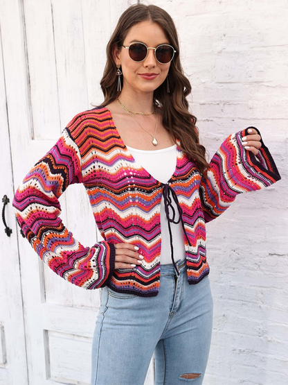 Rainbow Wave Woven Cardigan Sweater with Monochrome Stripes