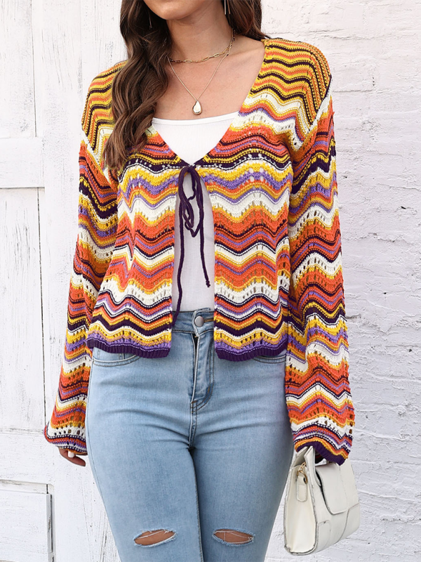 Rainbow Wave Woven Cardigan Sweater with Monochrome Stripes