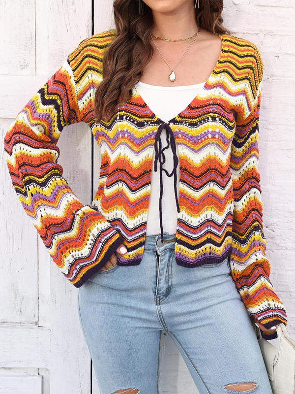 Rainbow Wave Woven Cardigan Sweater with Monochrome Stripes