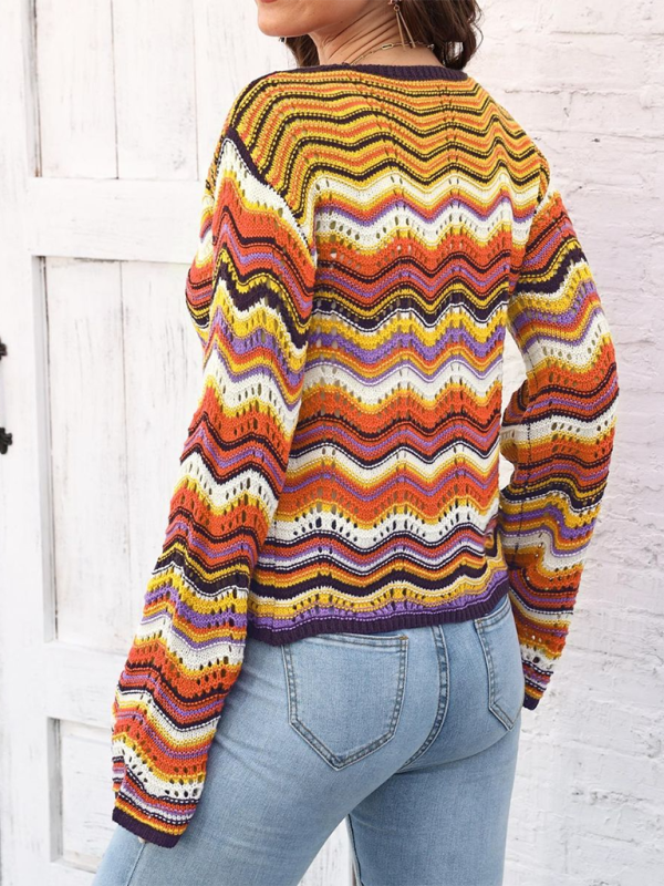 Gewebter Cardigan-Pullover mit Regenbogenwellen und einfarbigen Streifen 