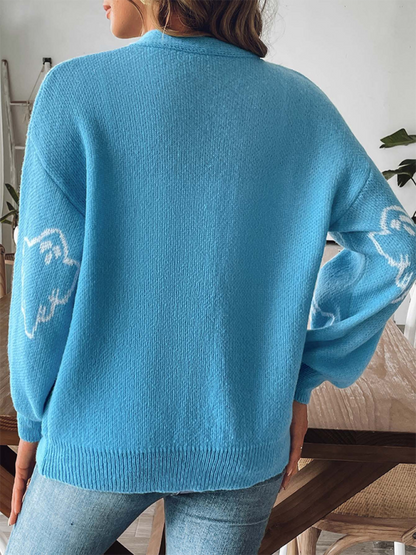 Lockerer, lässiger Pullover mit Knopfleiste und Cartoon-Jacquard-Cardigan 