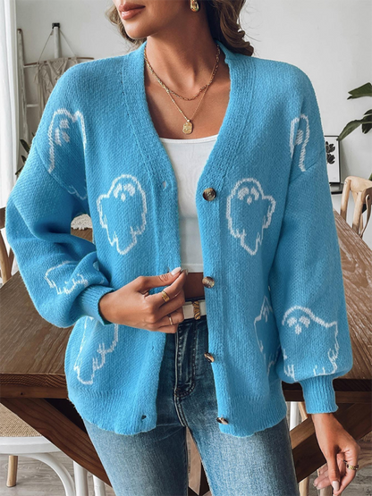 Loose Casual Button Sweater Cartoon Jacquard Cardigan