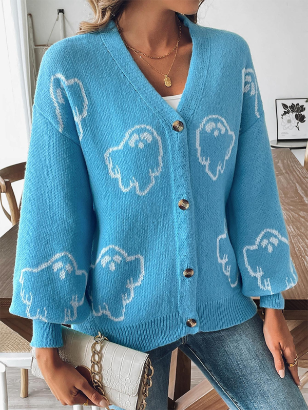 Lockerer, lässiger Pullover mit Knopfleiste und Cartoon-Jacquard-Cardigan 