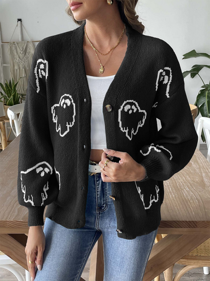 Loose Casual Button Sweater Cartoon Jacquard Cardigan