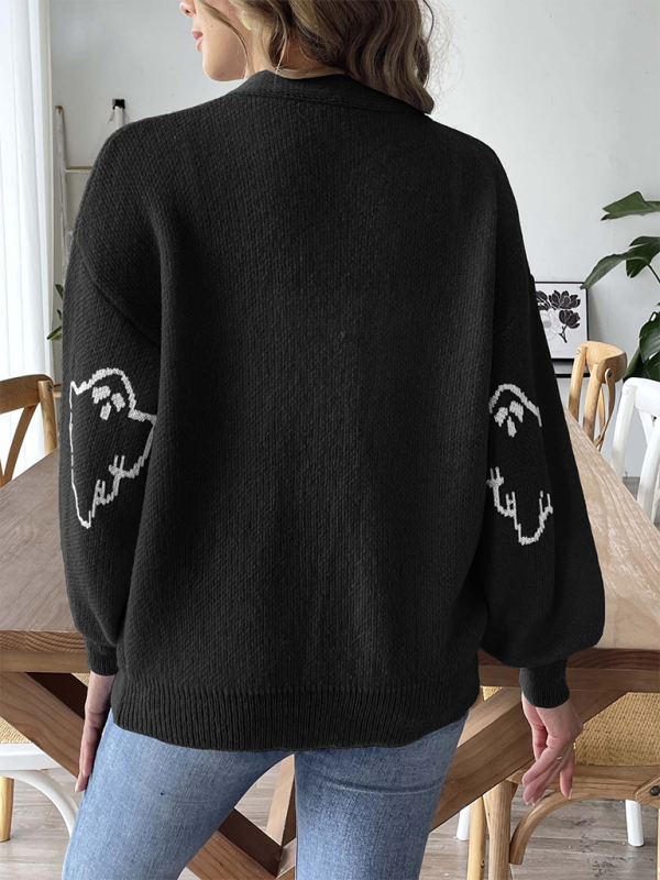 Lockerer, lässiger Pullover mit Knopfleiste und Cartoon-Jacquard-Cardigan 