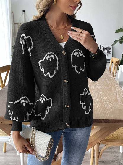 Lockerer, lässiger Pullover mit Knopfleiste und Cartoon-Jacquard-Cardigan 