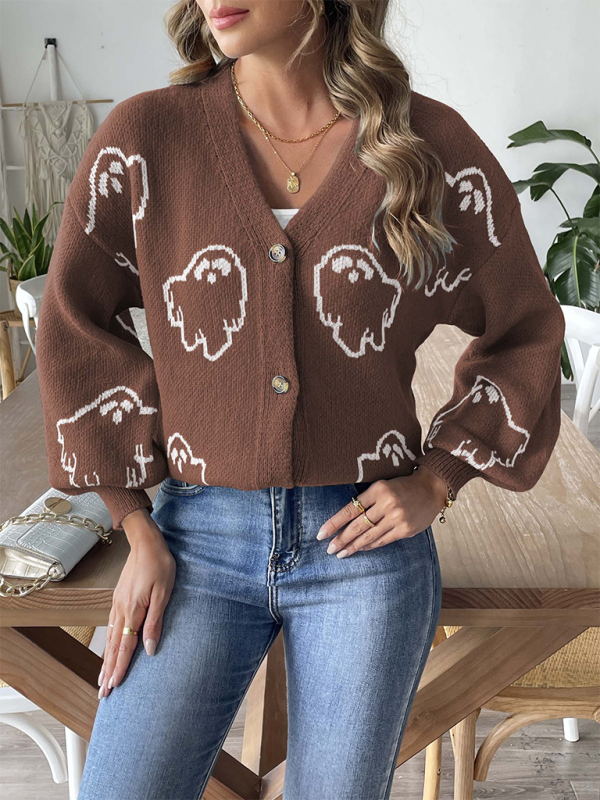 Lockerer, lässiger Pullover mit Knopfleiste und Cartoon-Jacquard-Cardigan 