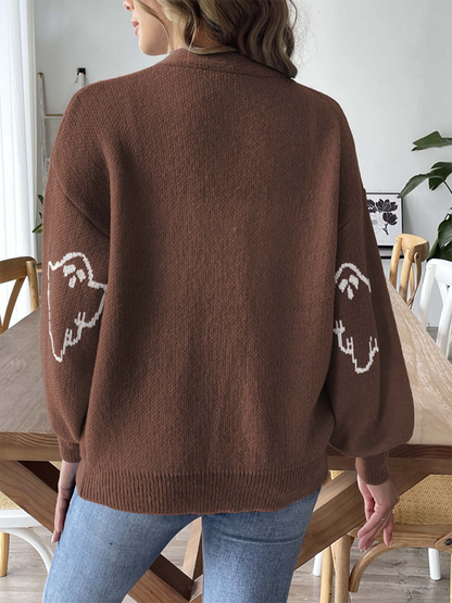 Lockerer, lässiger Pullover mit Knopfleiste und Cartoon-Jacquard-Cardigan 