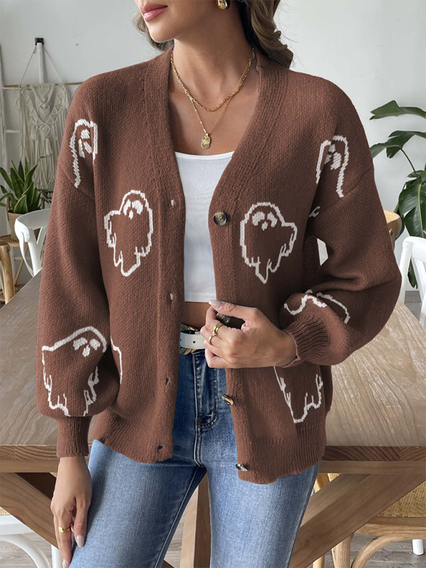 Lockerer, lässiger Pullover mit Knopfleiste und Cartoon-Jacquard-Cardigan 