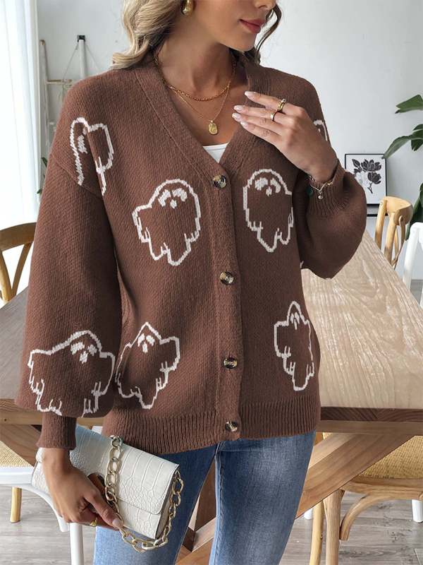 Lockerer, lässiger Pullover mit Knopfleiste und Cartoon-Jacquard-Cardigan 