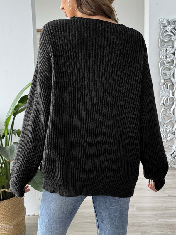 Contrast color stitching large V-neck loose pullover sweater