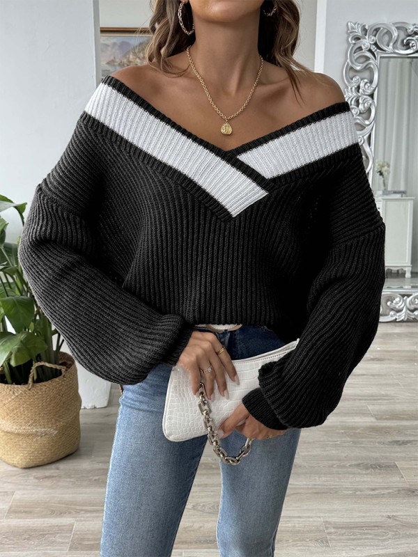 Contrast color stitching large V-neck loose pullover sweater