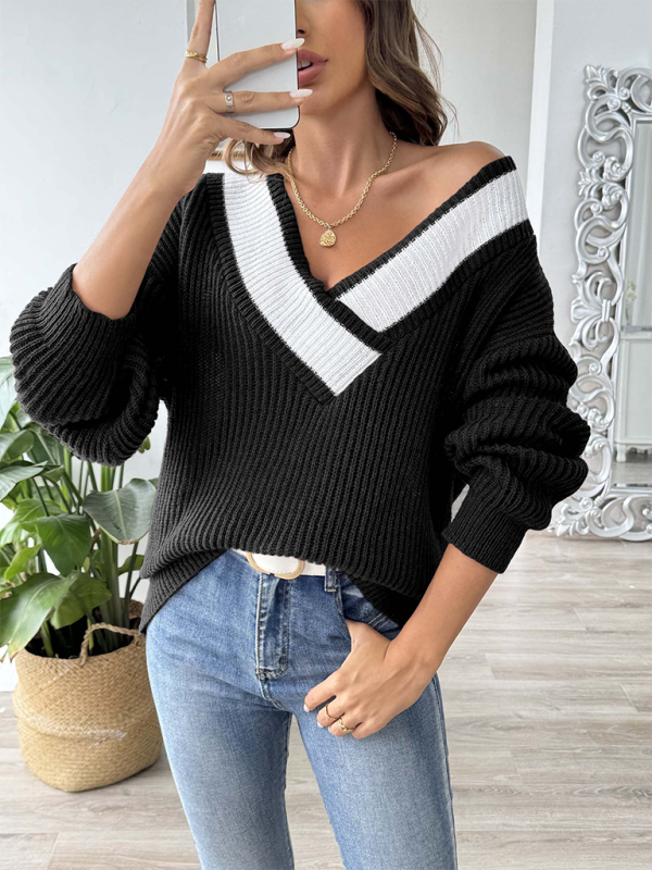 Contrast color stitching large V-neck loose pullover sweater