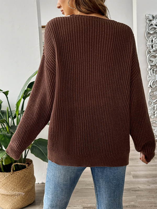 Contrast color stitching large V-neck loose pullover sweater