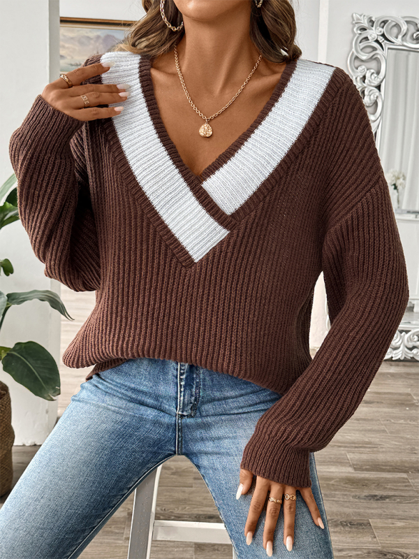 Contrast color stitching large V-neck loose pullover sweater