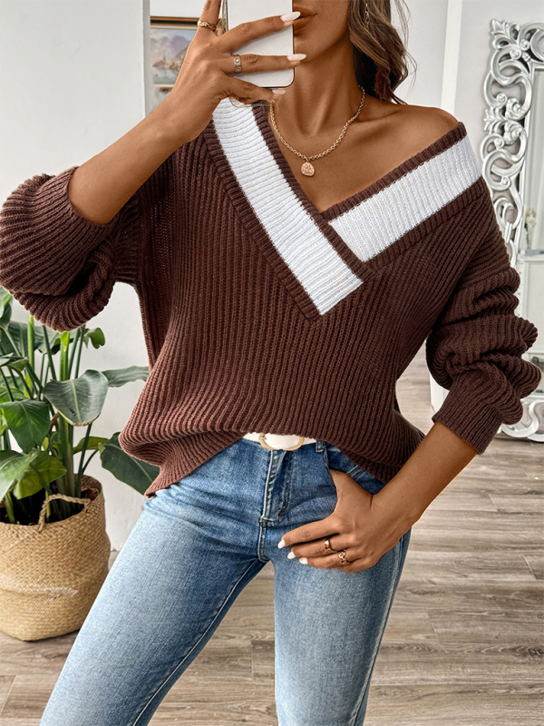 Contrast color stitching large V-neck loose pullover sweater