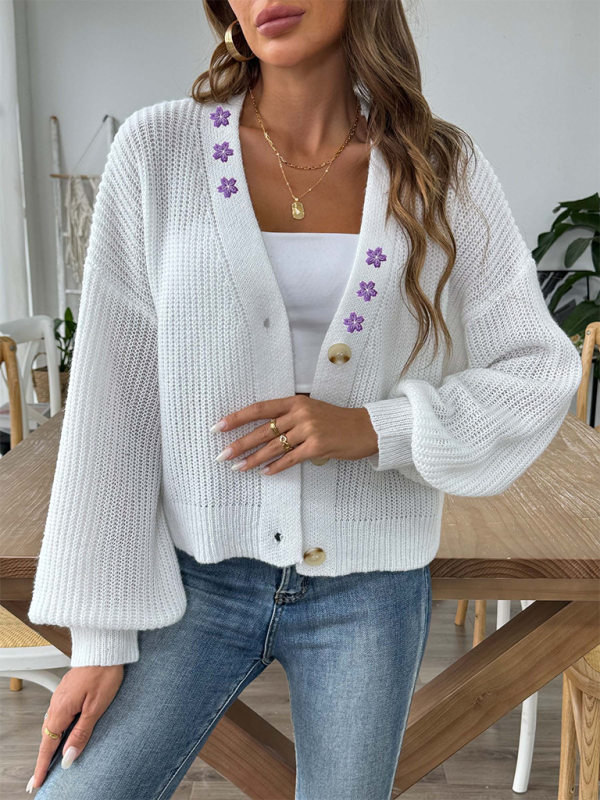 Floral Embroidered Applique Cropped Button Cardigan Sweater