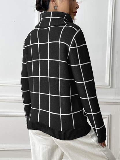 Contrast Plaid Turtleneck Sweater Top