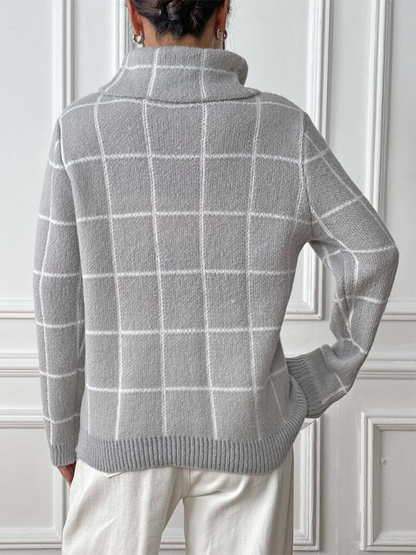 Contrast Plaid Turtleneck Sweater Top