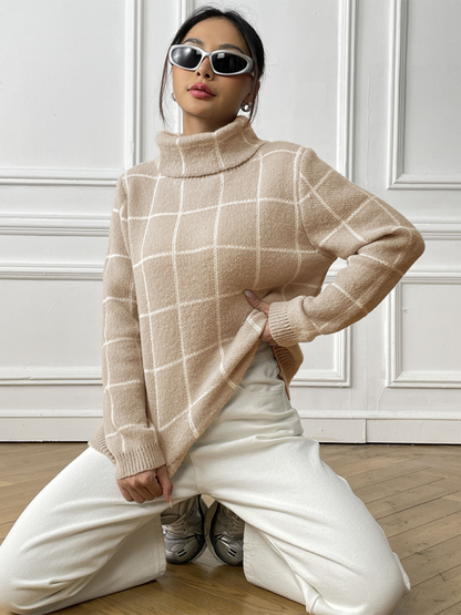 Contrast Plaid Turtleneck Sweater Top