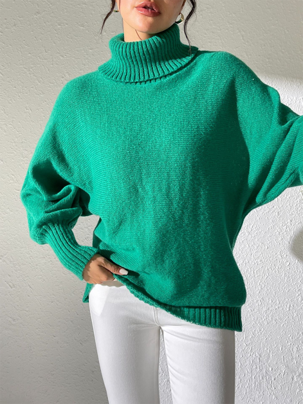 Solid color simple bat sleeve top high collar lapel sweater