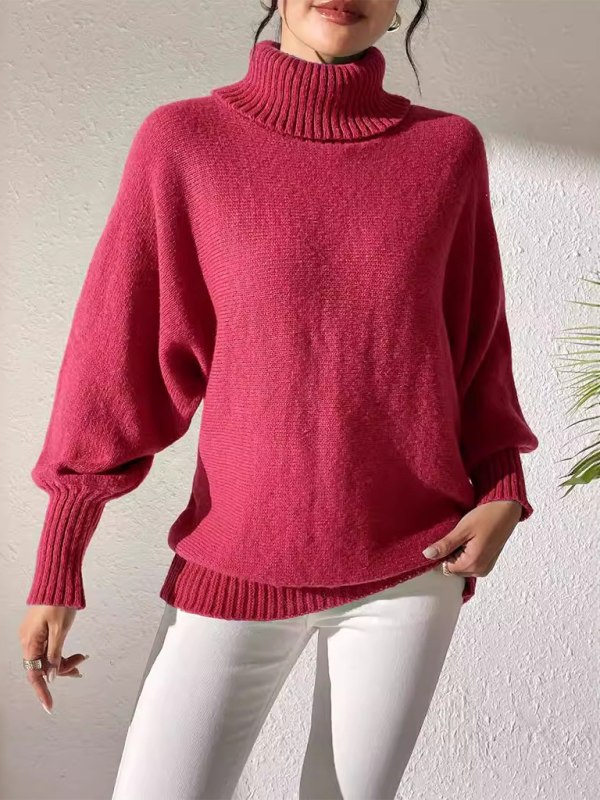 Solid color simple bat sleeve top high collar lapel sweater